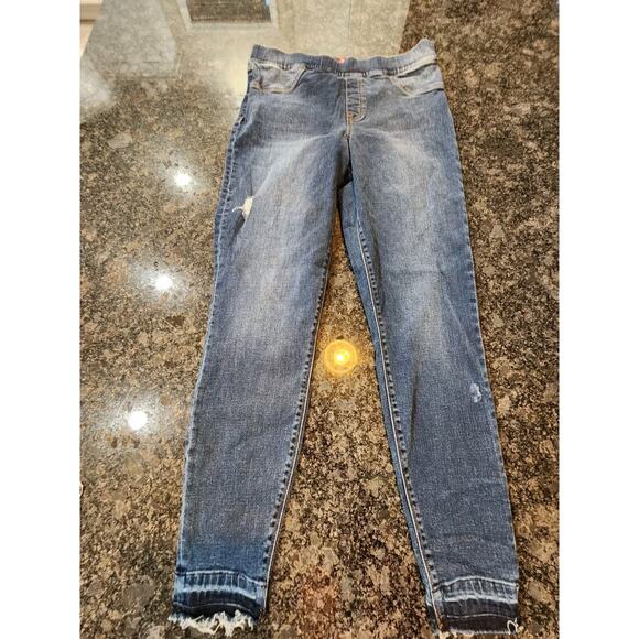Spanx Distressed Ankle Skinny Jeans, Medium Wash Denim Raw Hem Jeggings Sz Large - Picture 1 of 9